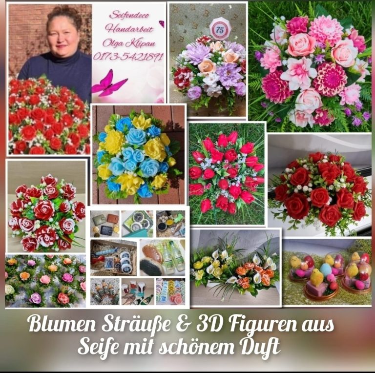 Bunte Blumensträuße und 3D-Figuren aus Seife auf einem Collagenhintergrund.